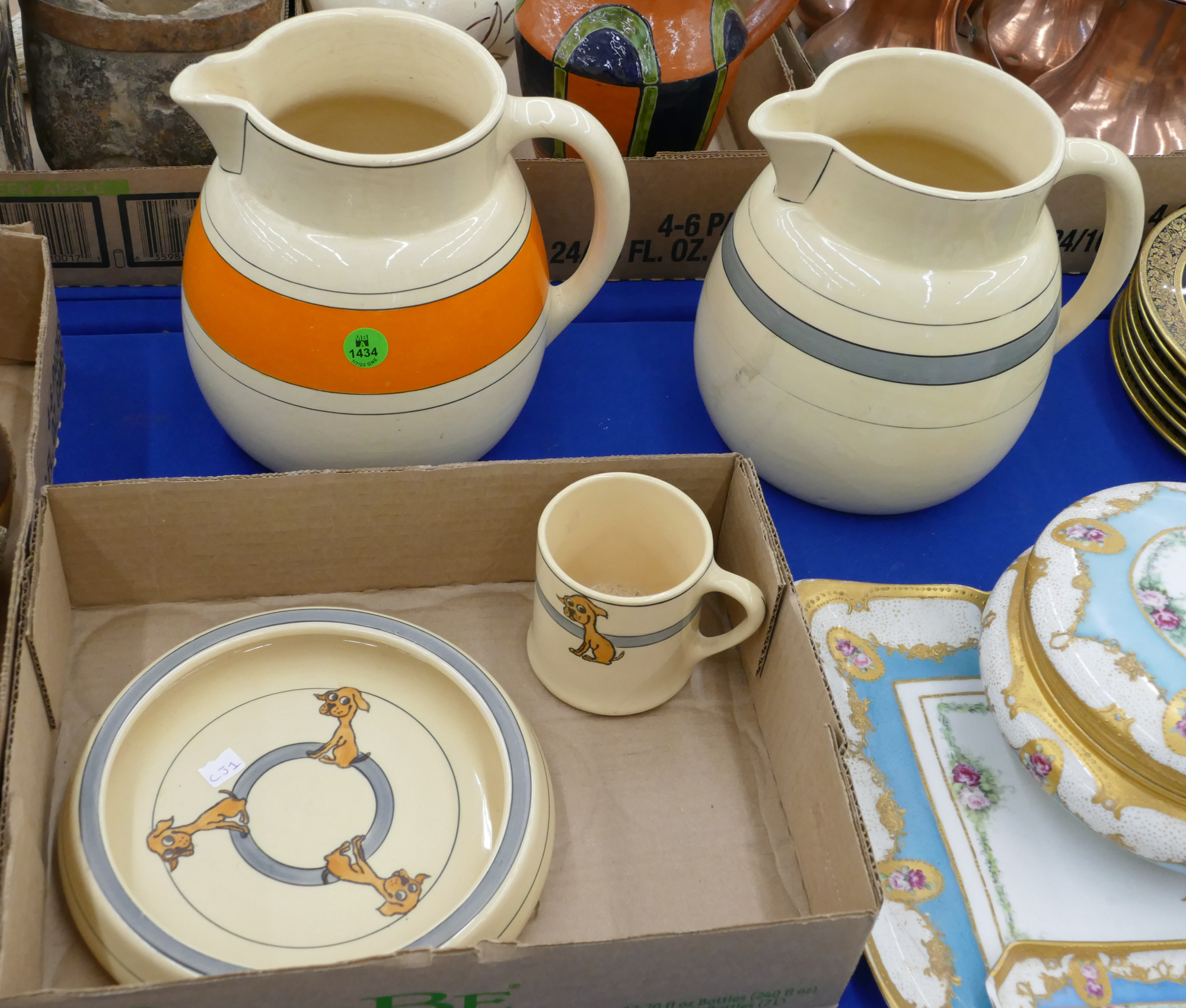 Appraisal: pc Roseville Juvenile and Creamware Pitchers '' to '' -