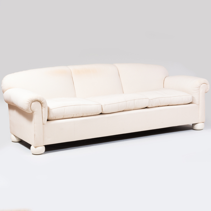 Appraisal: Cream Corduroy Upholstered Three Seat Sofa on White Painted Bun