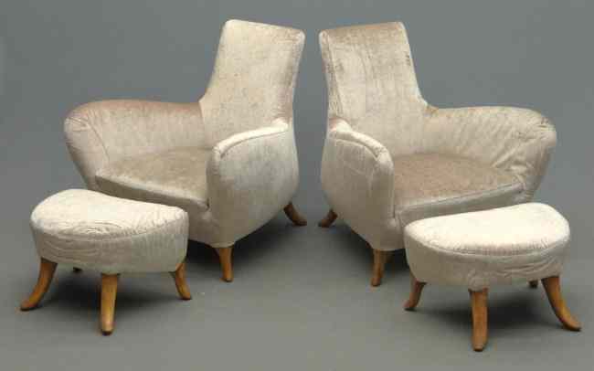 Appraisal: Pair upholstered designer chairs with matching ottomans '' W ''