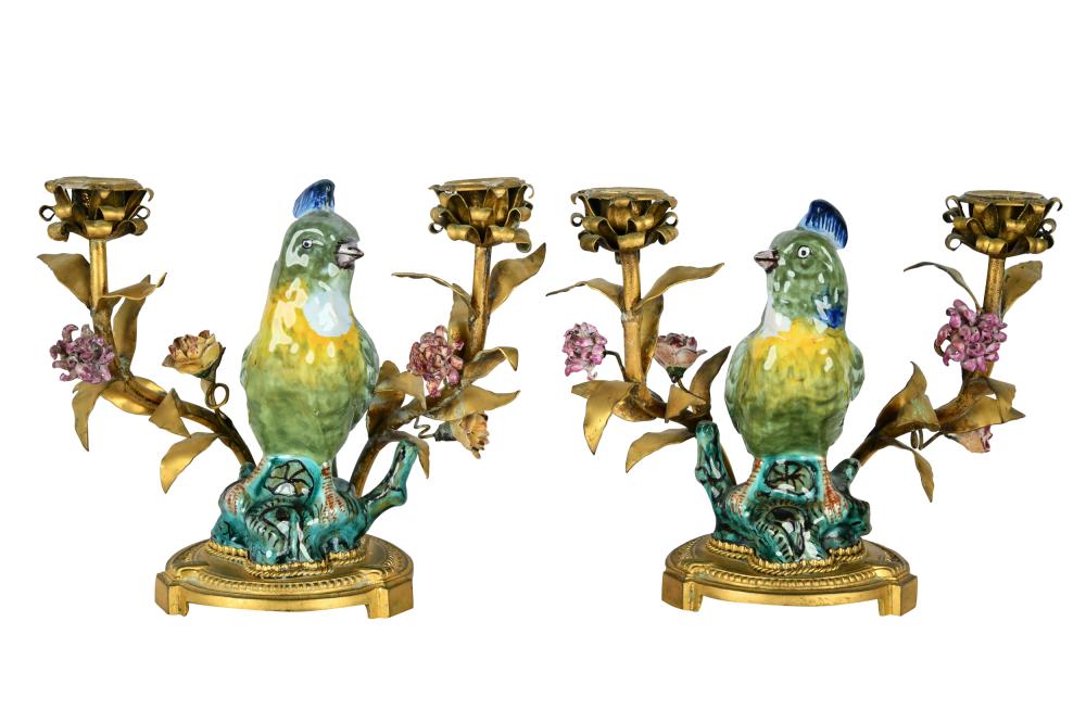 Appraisal: PAIR OF GILT METAL PORCELAIN CANDELABRAeach with a glazed ceramic