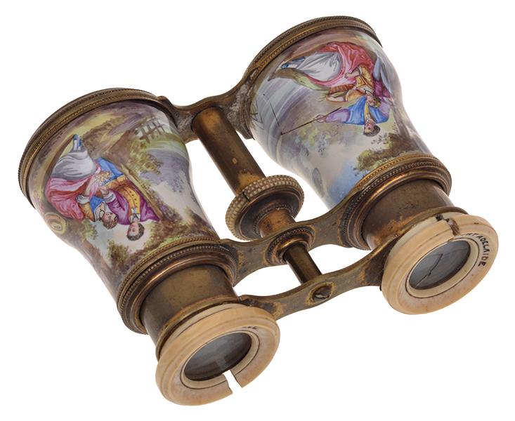 Appraisal: HAND PAINTED PORCELAIN BARREL OPERA GLASSES WITH FIGURATIVE SCENE