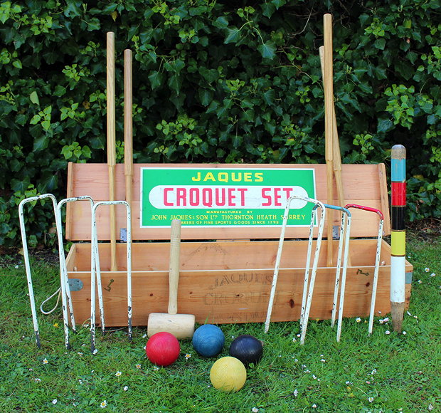 Appraisal: A JAQUES CROQUET SET contained within a pine box the