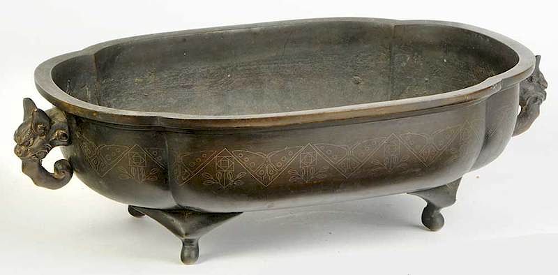 Appraisal: Chinese Silver-Inlaid Bronze Cachepot th th century lobed body with