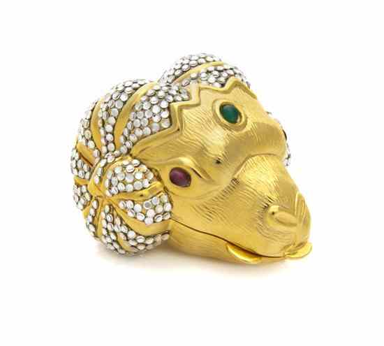 Appraisal: A Judith Leiber Goldtone and Silver Crystal Ram's Head Pillbox