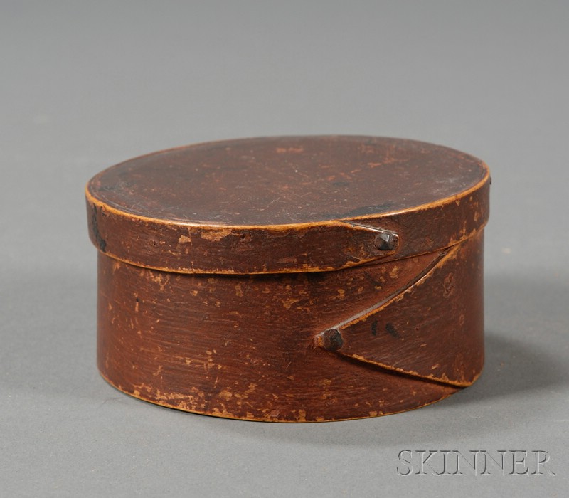 Appraisal: Small Round Red-painted Lapped-seam Covered Box America th century ht