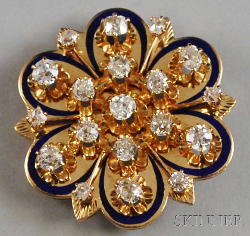 Appraisal: kt Gold Diamond and Enamel Flowerhead Pendant Brooch total dwt