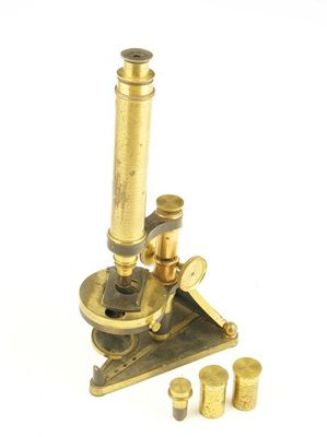 Appraisal: A lacquered brass and ebonised monocular microscope by R J