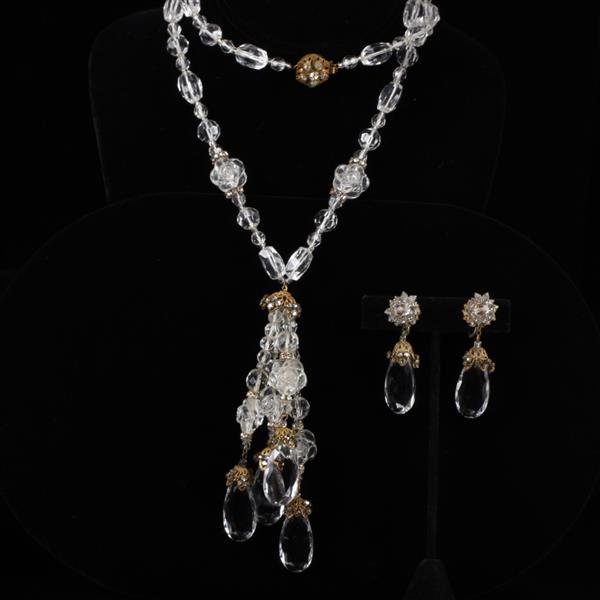 Appraisal: Miriam Haskell pc Clear Beaded Necklace Clip Earrings with Filigree