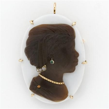 Appraisal: Hardstone Cameo Gold Diamond and Emerald Pendant-Brooch Estimate -