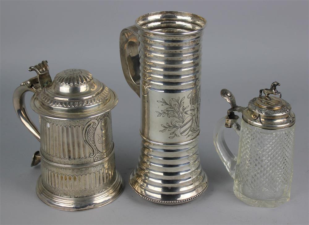 Appraisal: GEORGE II SILVER TANKARD DUTCH SILVER MOUNTED CUT GLASS STEIN