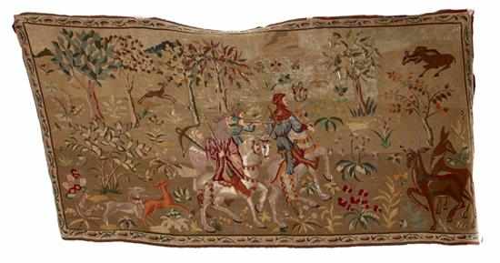 Appraisal: Continental signed hunt scene tapestry th century woven wool depiction