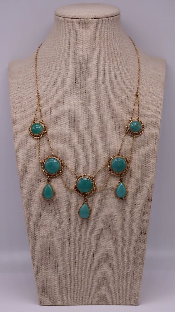 Appraisal: JEWELRY kt Gold and Jade Swag Style Necklace Victorian style