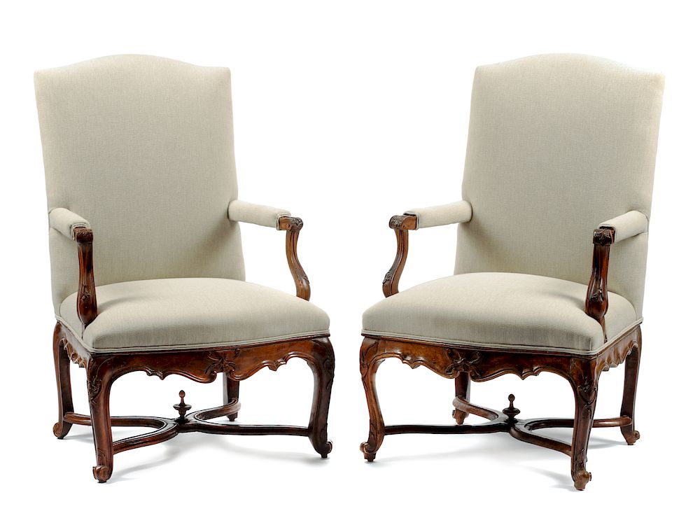 Appraisal: A Pair of Louis XV Style Carved Walnut Fauteuils A