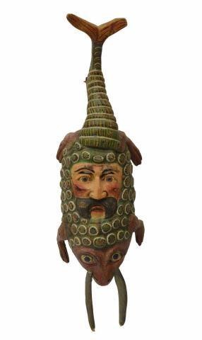 Appraisal: Mexican Folk Art carved wood painted figural mask featuring horned