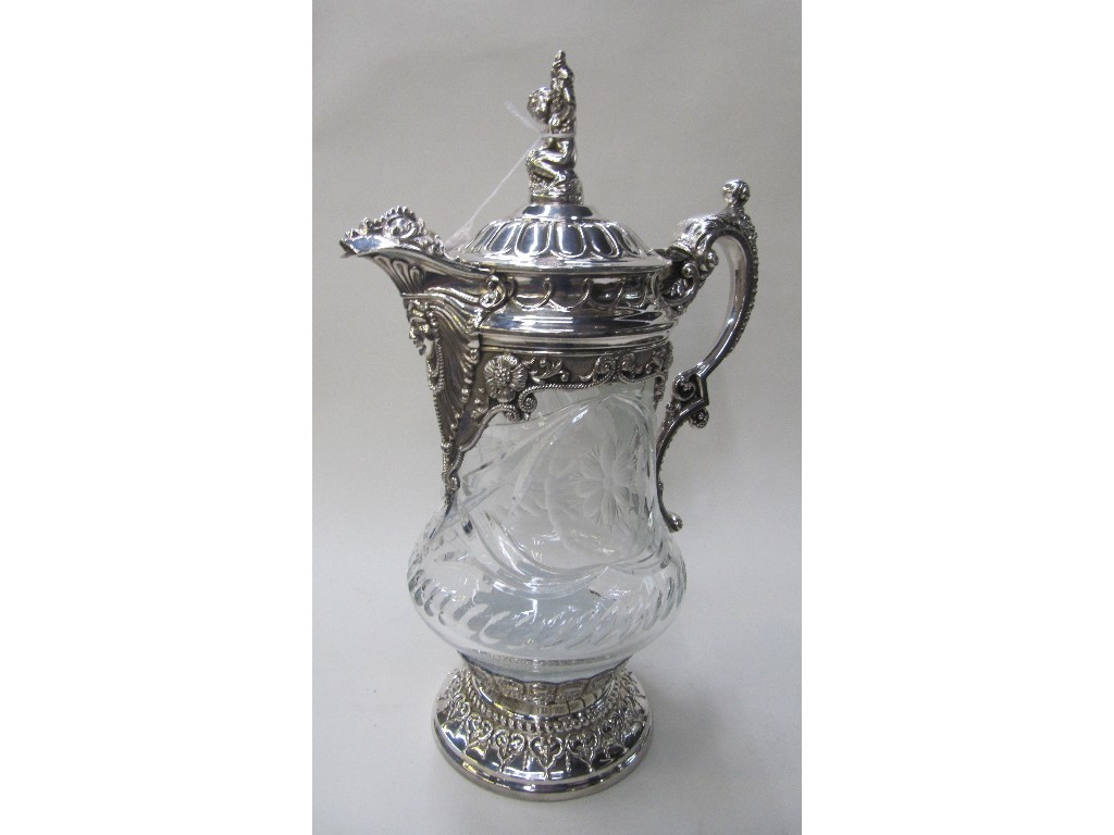 Appraisal: Silver plate mounted etched glass ale or claret jug