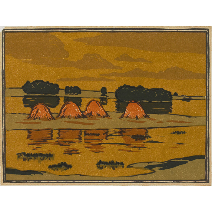 Appraisal: Arts Crafts woodblock Landscape with Haystacks unsigned printed on rice