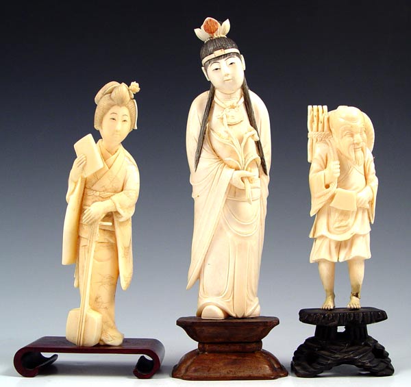 Appraisal: PIECE ASIAN CARVED IVORY FIGURES To include Woman holding branch