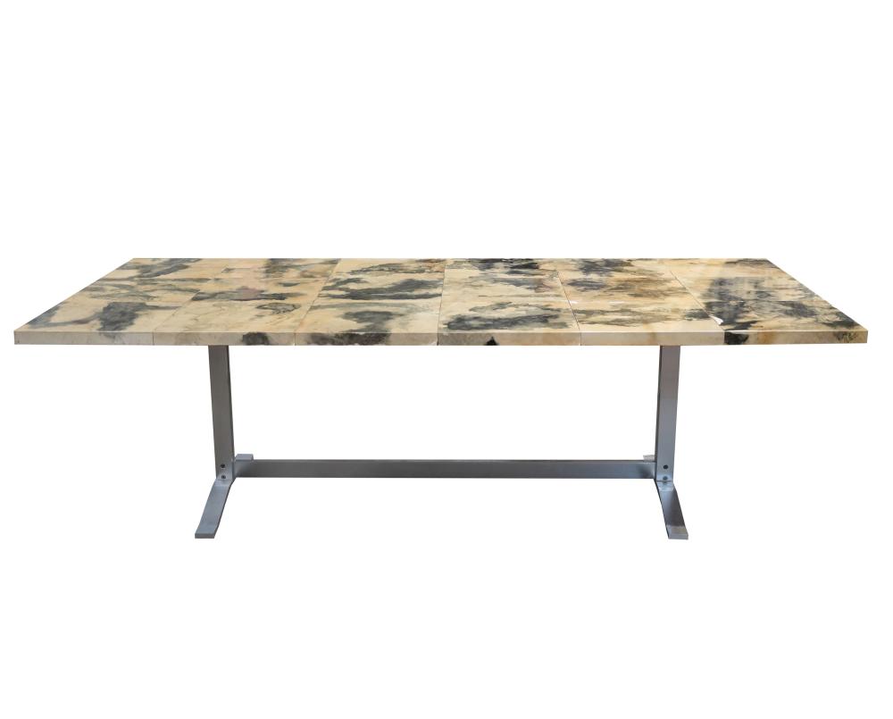 Appraisal: MODERNIST DINING TABLEgoatskin-veneered wood and brushed aluminum unsigned Condition lifting