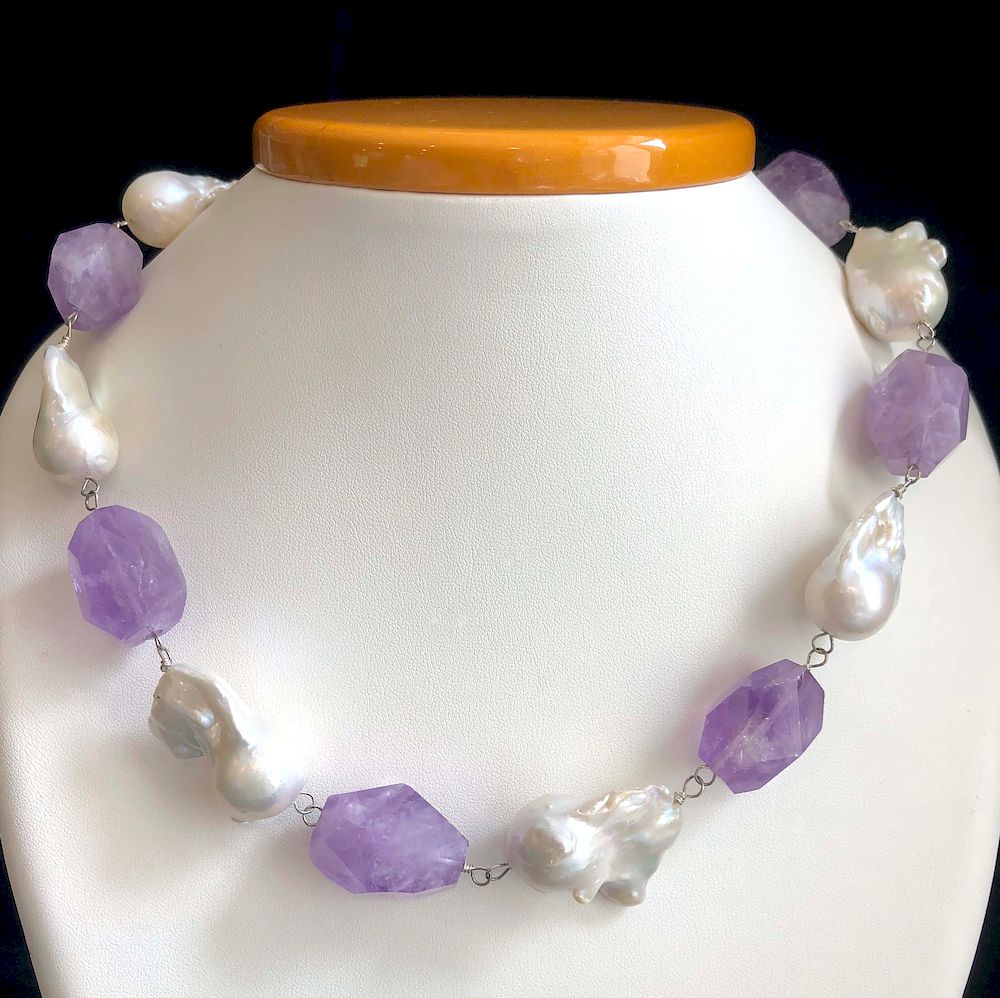 Appraisal: Faceted Amethyst Nugget and White Baroque Pearl Necklace Exclusive on