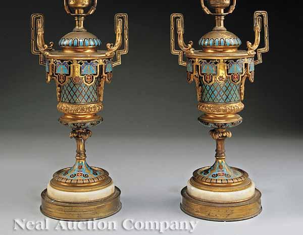 Appraisal: A Pair of Vintage Brass Enamel and Onyx Table Lamps