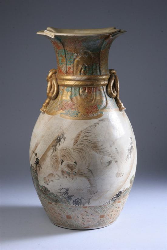 Appraisal: JAPANESE SATSUMA EARTHENWARE VASE Meiji period Dragon and brocade decoration