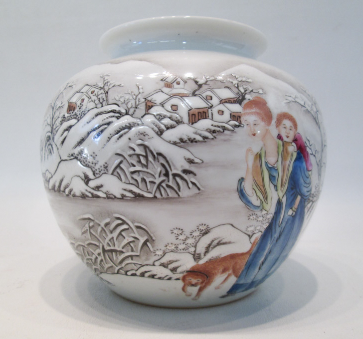 Appraisal: CHINESE PORCELAIN QING DYNASTY JAR having an enamel painted snowy