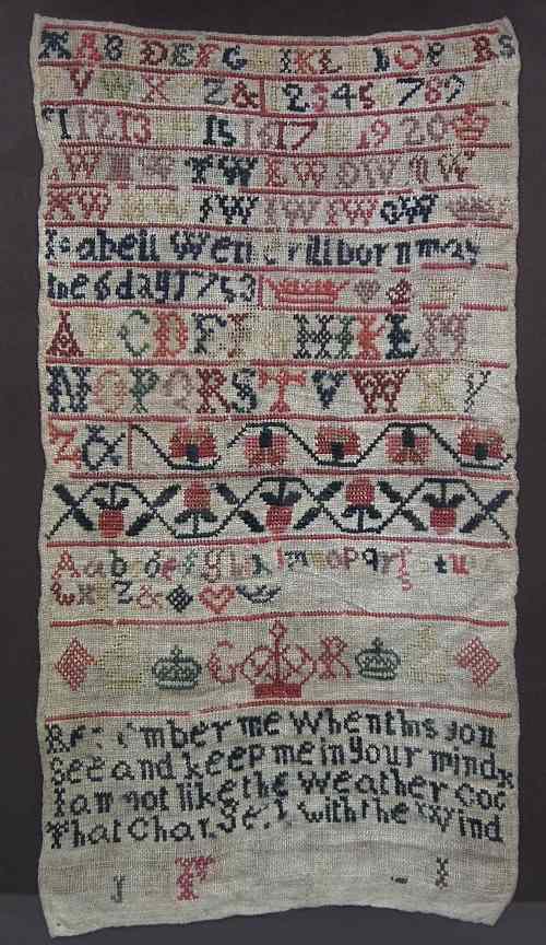 Appraisal: A George II needlework band sampler - ''Rachel Wenerill born