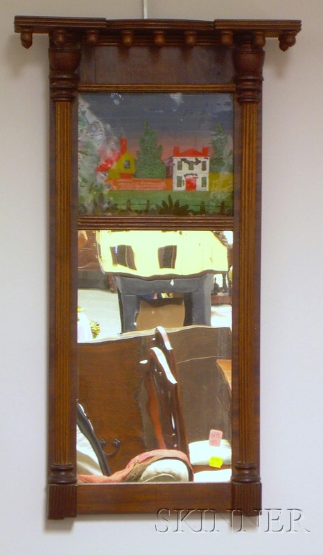 Appraisal: Federal Mahogany Tabernacle Mirror with Reverse-painted Glass Tablet Depicting Houses