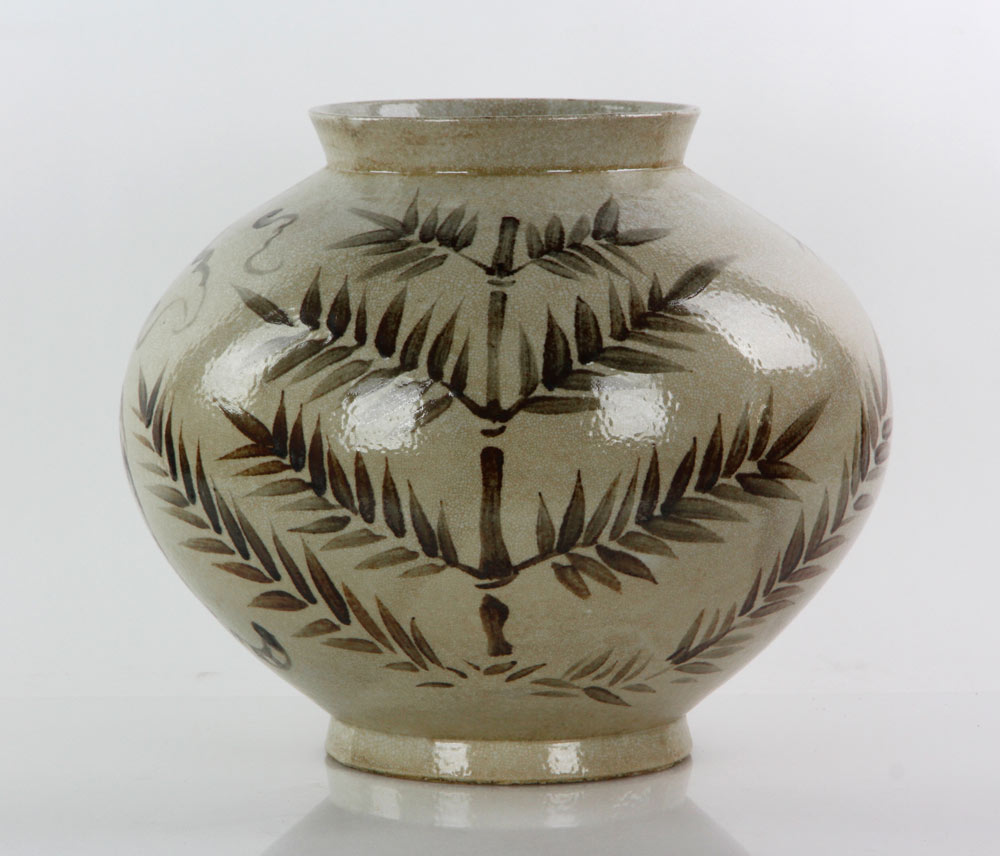 Appraisal: - Korean Glazed Jar Jar with tiger and lotus design