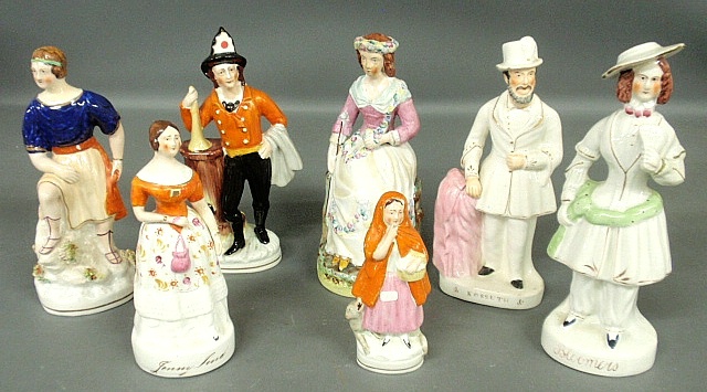 Appraisal: - Seven Staffordshire figures c incl Bloomers h x w