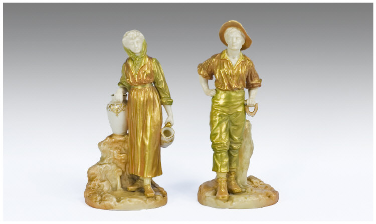 Appraisal: Pair Of Royal Worcester Shot Enamelled Figures Navvy And His