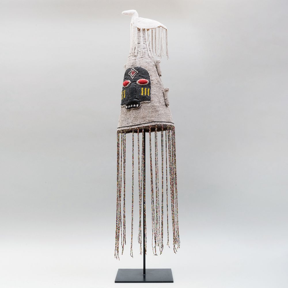 Appraisal: Nigerian Beaded Cloth Ceremonial Headdress Yoruba Raised on stand x