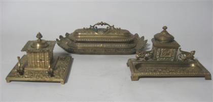 Appraisal: Three brass inkwells late th th century Including one of