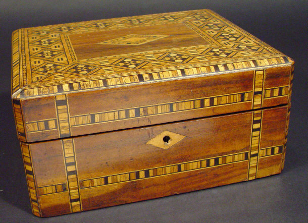 Appraisal: Victorian inlaid mahogany writing box the hinged lid opening to