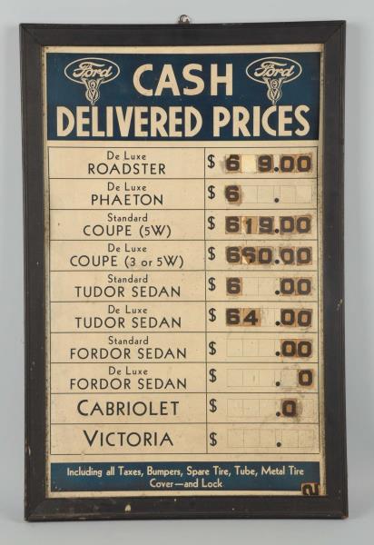 Appraisal: Early Ford Dealership Pricing Sign This early sign advertises assorted