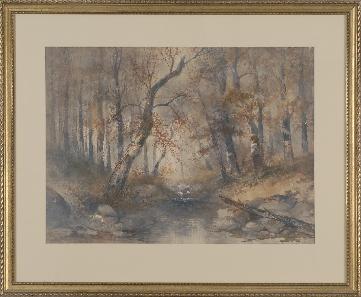 Appraisal: FRAMED WATERCOLOR HUGO ANTON FISHER American - Woodland brook scene