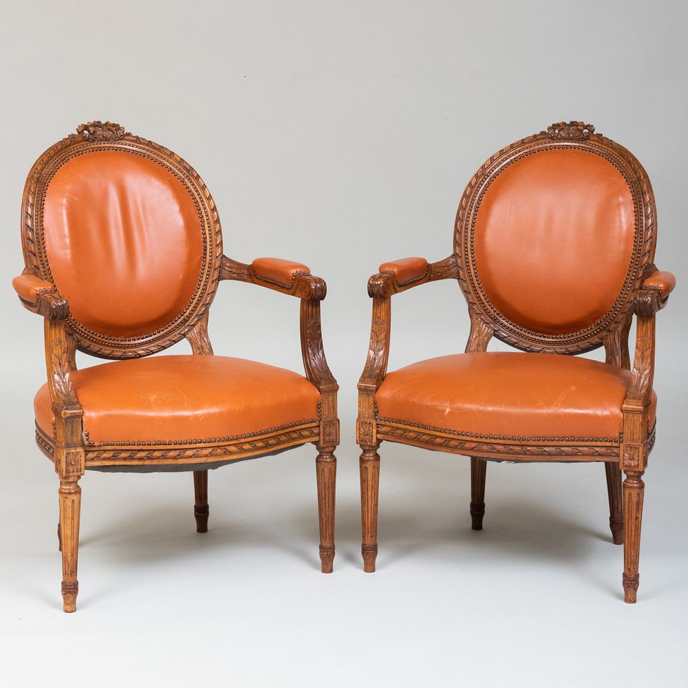 Appraisal: Pair of Louis XVI Style Carved Beeechwood Fauteuils en Cabriolet