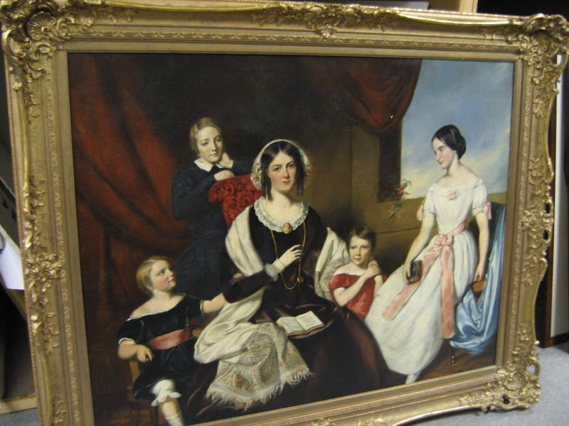 Appraisal: AMERICAN SCHOOL TH CENTURY Interior family portrait with a mother