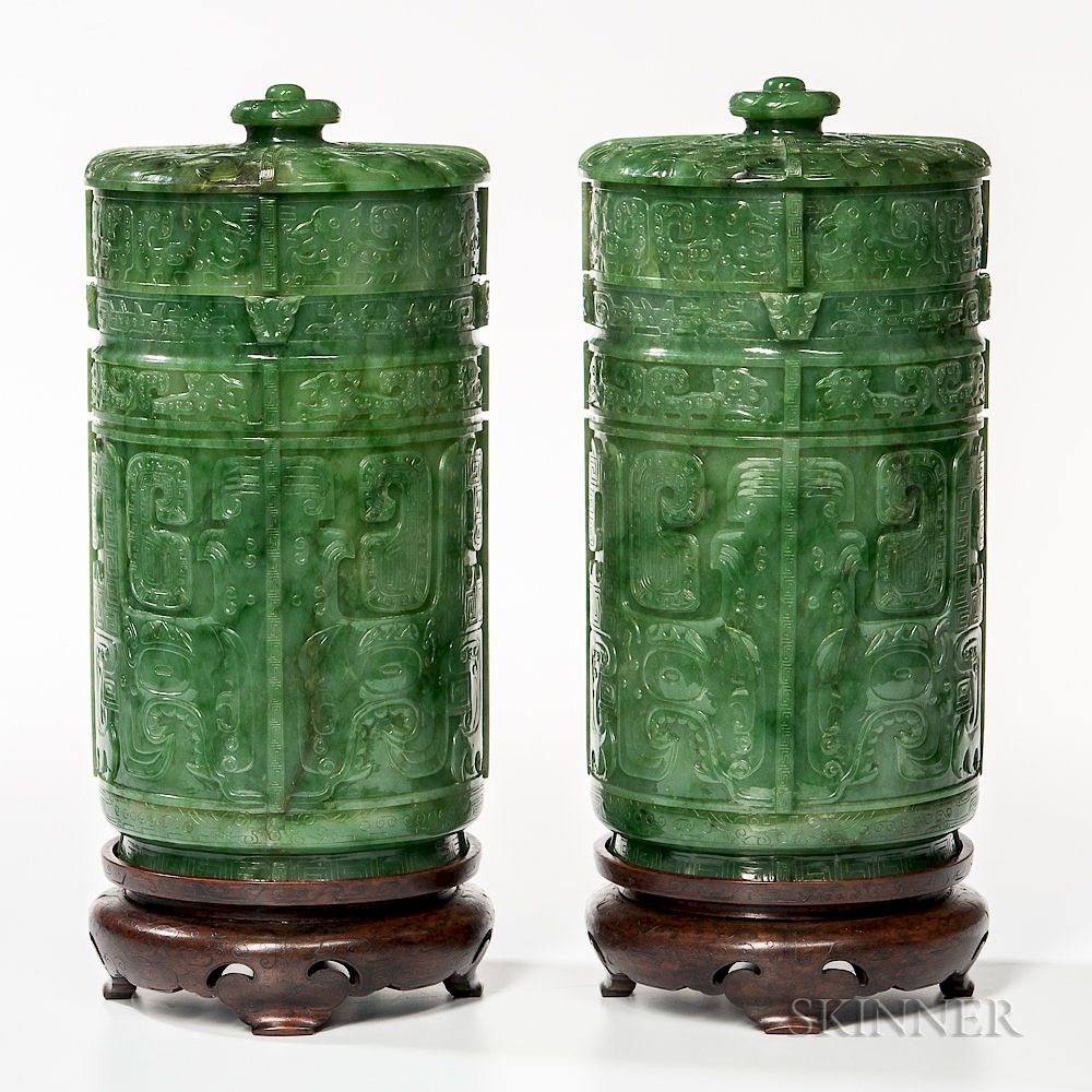 Appraisal: Pair of Spinach Green Covered Vessels Pair of Spinach Green