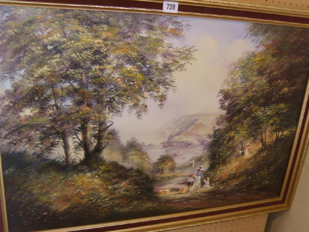 Appraisal: An oil painting on canvas showing a family picnicking in