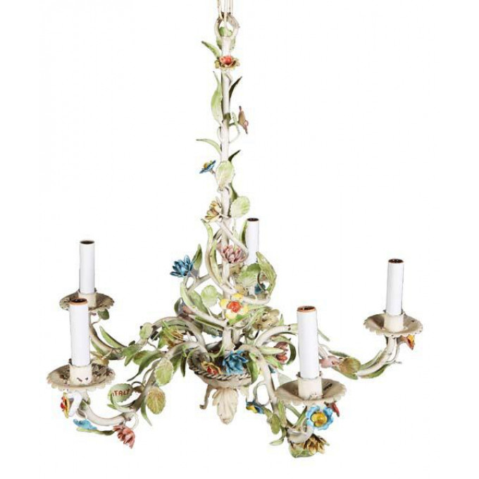 Appraisal: Italian Polychromed Iron Five Light Floral Chandelier th c the