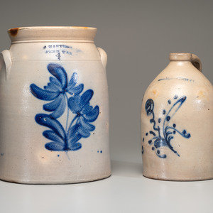 Appraisal: Two Cobalt Decorated Stoneware Vessels th Century comprising a four-gallon