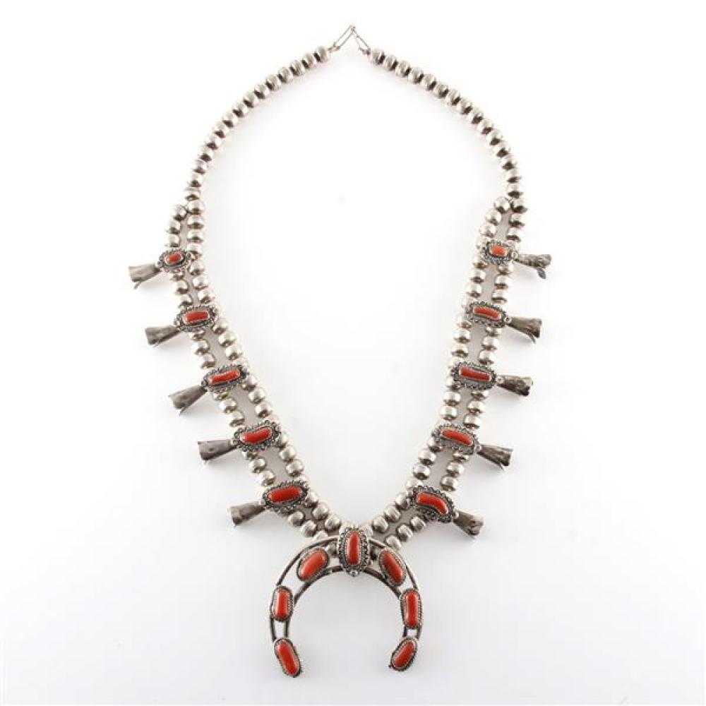 Appraisal: VINTAGE NATIVE AMERICAN INDIAN SQUASH BLOSSOM MEDITERRANEAN CORAL NECKLACE Vintage