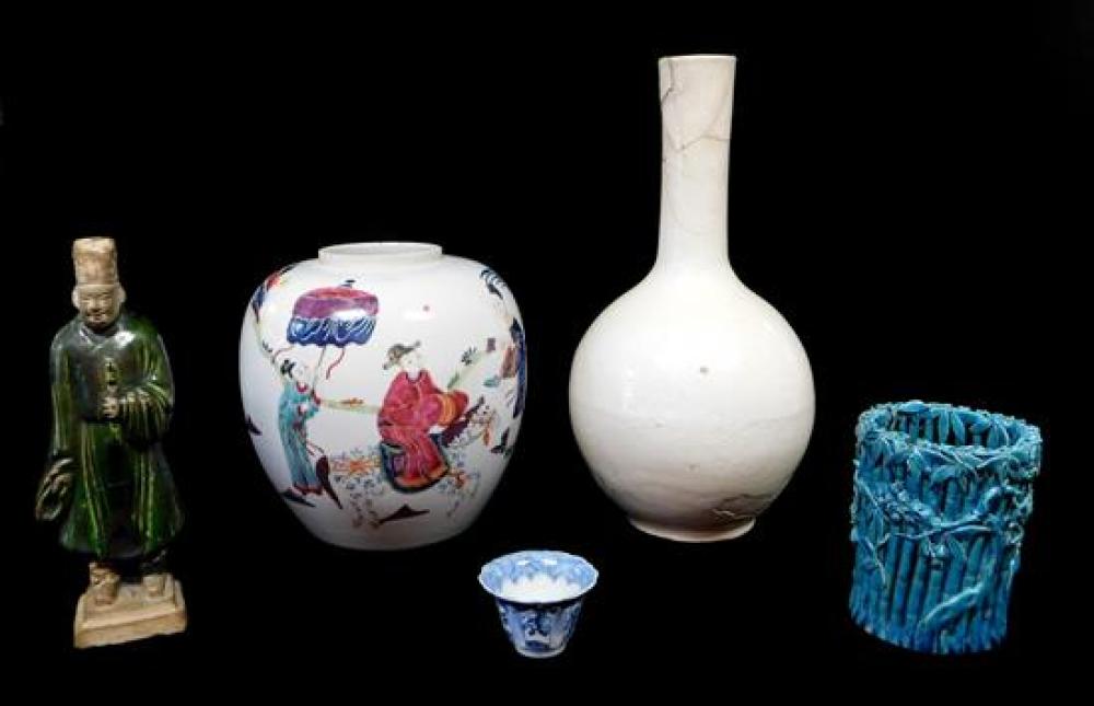 Appraisal: ASIAN Five Chinese ceramic pieces th th C including brush