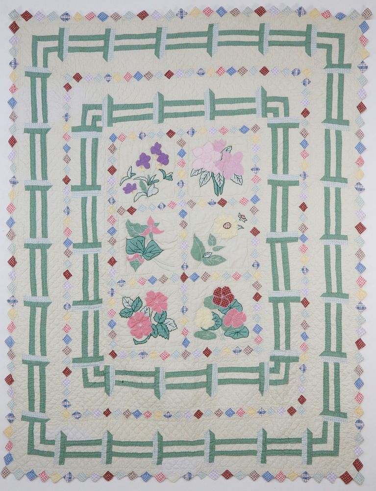 Appraisal: s Floral Applique and Geometric Patchwork Quilt s Floral Applique