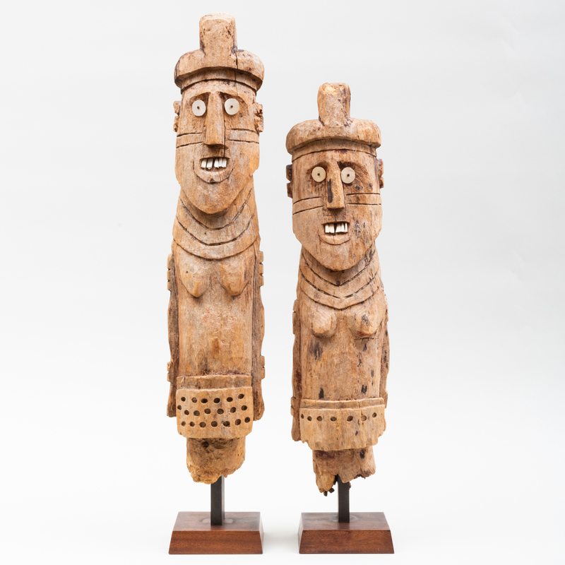 Appraisal: TWO KONSO WAKA BURIAL POSTS ETHIOPIA Wood pigment and goat