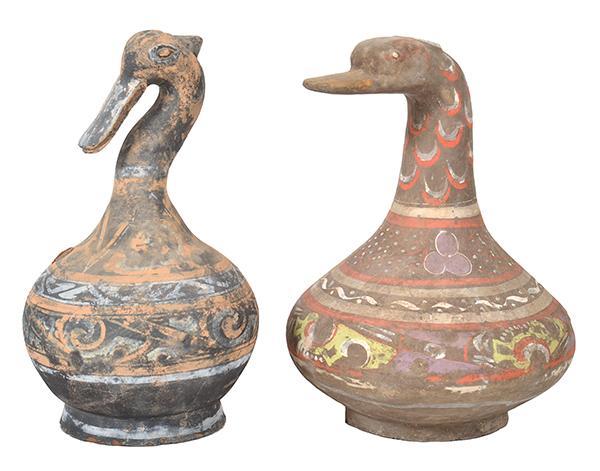 Appraisal: TWO CHINESE PAINTED EARTHENWARE DUCK VASES each with bold decoration