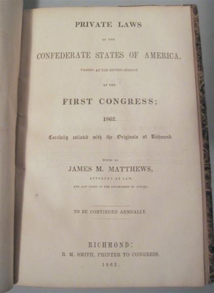 Appraisal: vol American Confederate Printing Matthews James M Public Laws of