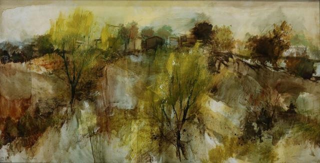 Appraisal: Framed oil and mixed media painting on Masonite Abstract Landscape