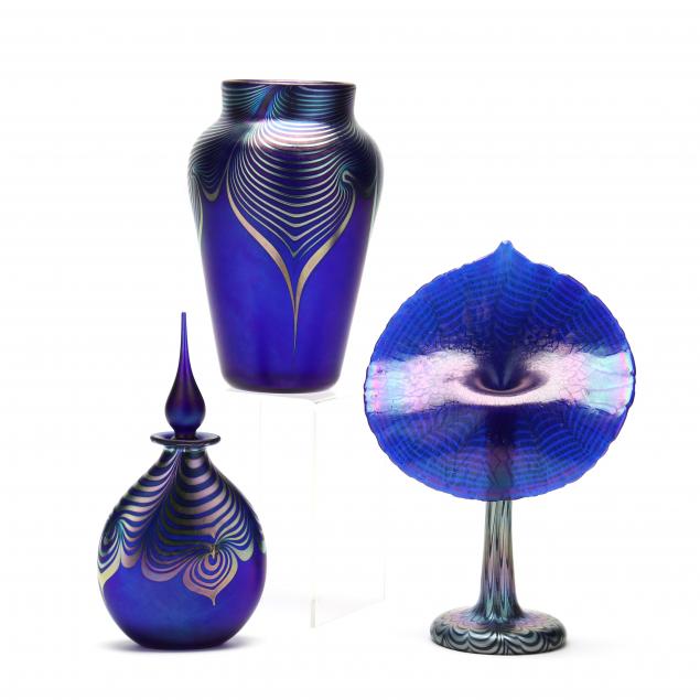 Appraisal: CORREIA THREE PIECES OF PULLED FEATHER COBALT ART GLASS Contemporary